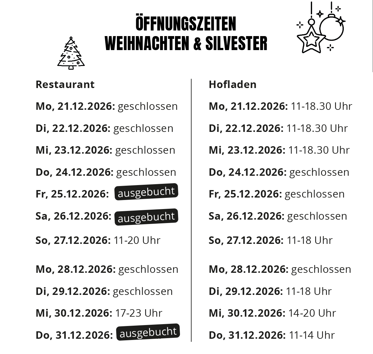 teaser_oeffnungszeiten_2026 Öffnungszeiten Weihnachten & Silvester 2026